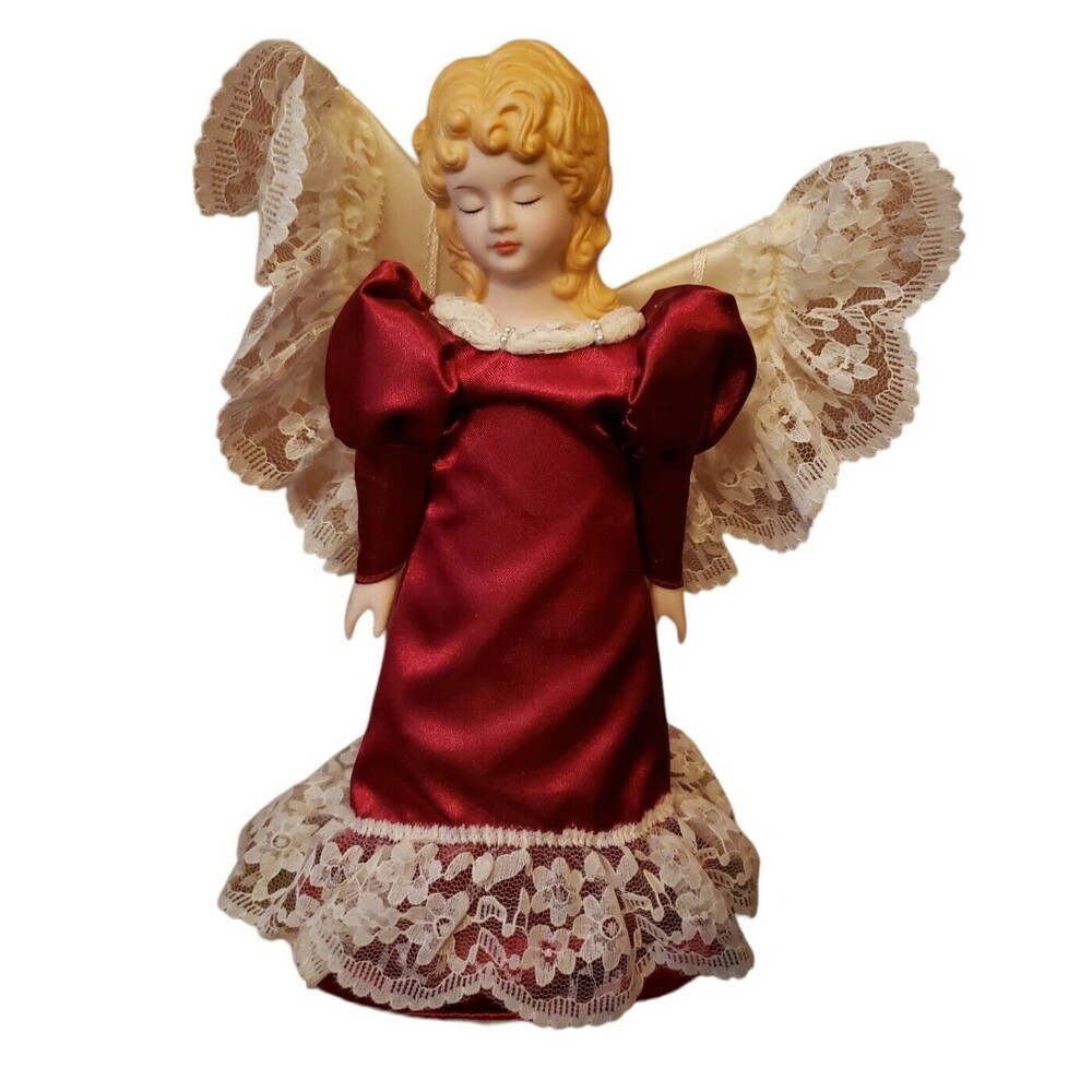 Russ Berrie Bone China Tree Topper Blonde Angel Red Satin Dress Christmas w Box